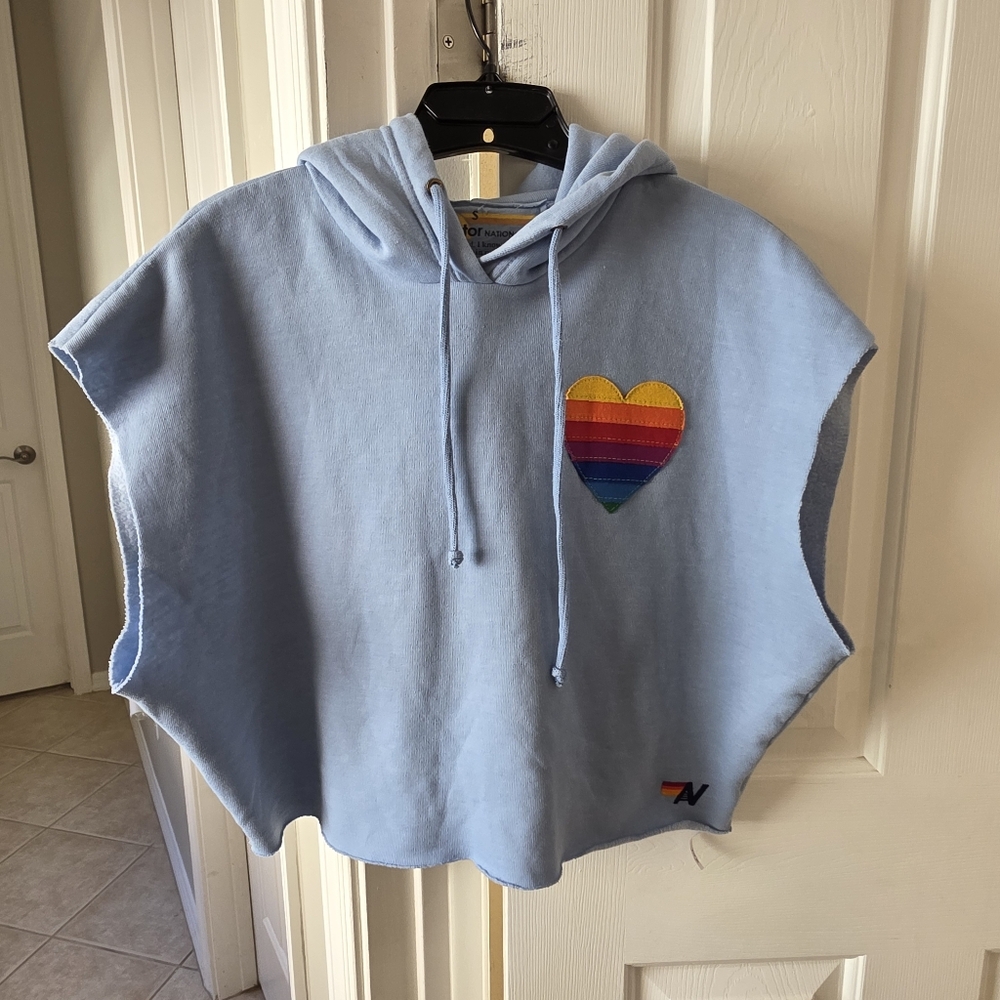 Aviator Nation Rainbow Heart Stitch Sleeveless Relaxed Cropped Pullover Hoodie